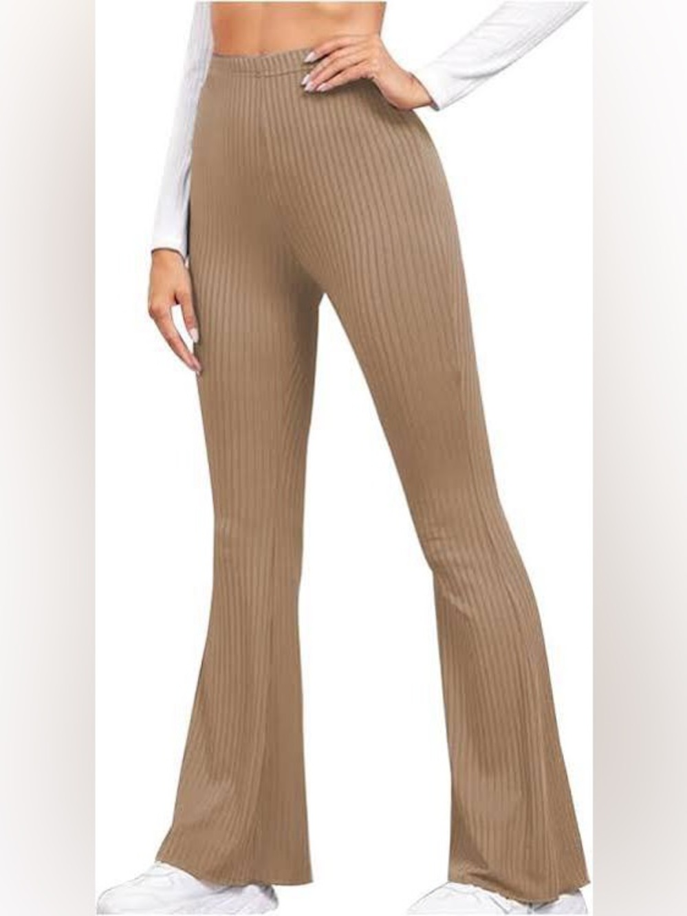Pink Rose Ribbed Knit Flare Leggings - Beige